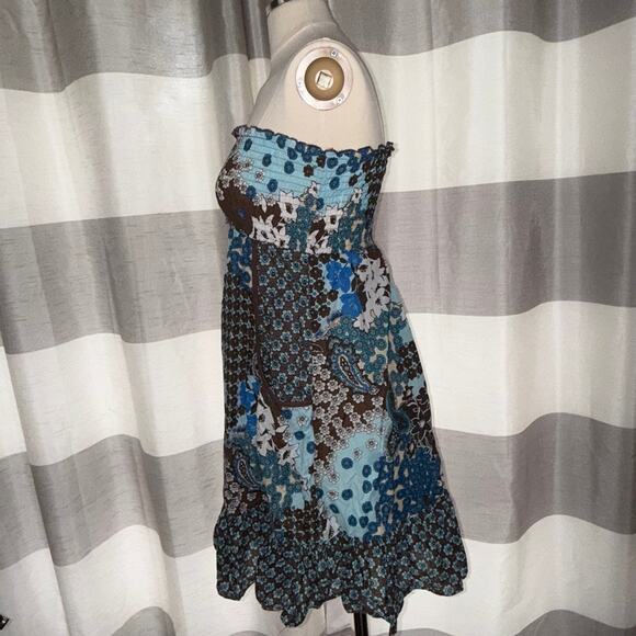 Vtg Y2k TOPSON DOWNS Brown Blue Paisley Boho Strapless Tube Dress Cotton L - Picture 5 of 11